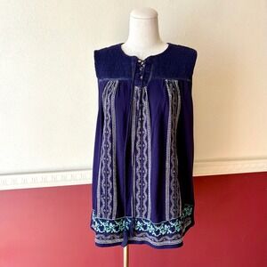 Hazel Anthropologie Navy Embroidered Sleeveless Tunic Top Lace Up Tassel L Boho